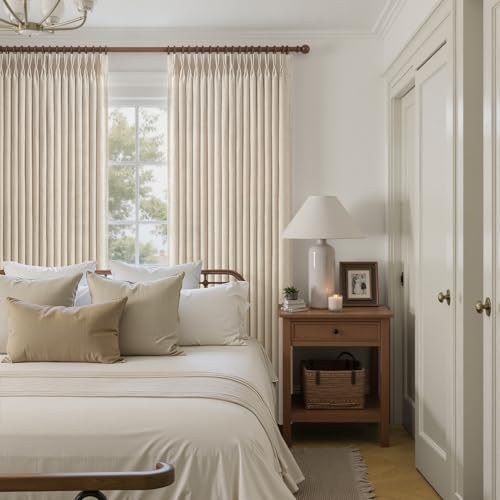 Natural Pinch Pleated Linen Curtains 96 Inches Long - Set of 4, Light Filtering, Rustic Sheer Drapes, Back Tab Design
