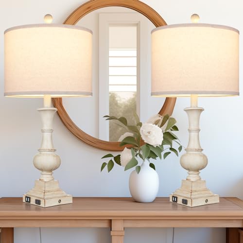 White 26-Inch Farmhouse Table Lamps Set of 2 with USB-C & AC Outlets, Dimmable Touch Control, Rustic Nightstand Lamps for Bedroom and Living Room