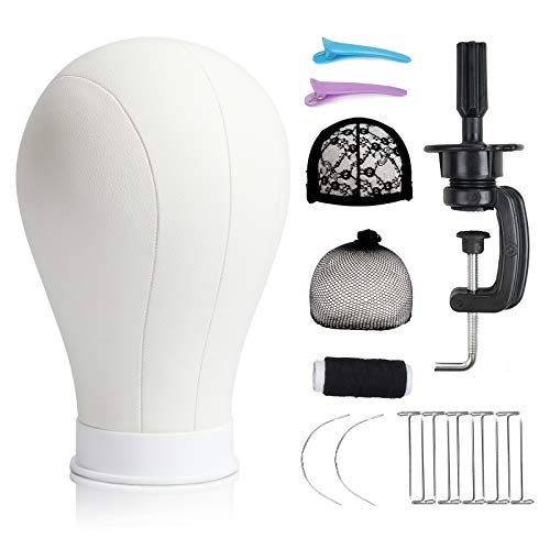 White Leather Canvas Mannequin Wig Head 22 Inch Stand for Wig Styling & Making