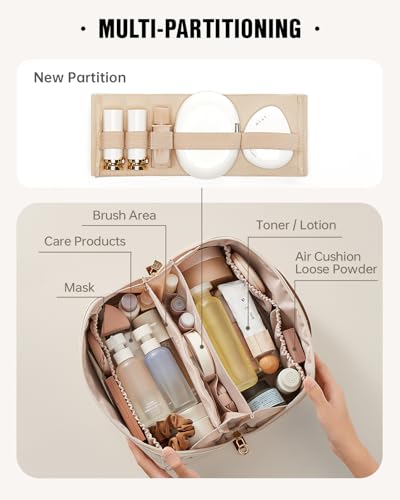 EACHY Travel Makeup Bag - Floral Cosmetic Organizer for Women, Beige, Large, AB-Beige