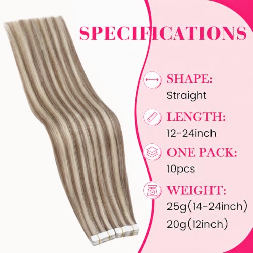 Ve Sunny Tape in Hair Extensions Human Hair 12 Inch 10pcs - Color #8A/P60
