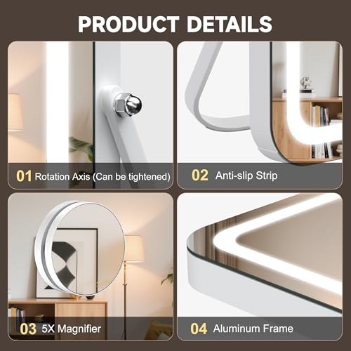 MINISO Vanity Mirror with Lights, 9.8" x 11.8" LED Makeup Mirror, Light & Brightness Adjustment, Smart Sensor, Aluminum Alloy Metal White Frame, with 5X Magnifying Glass