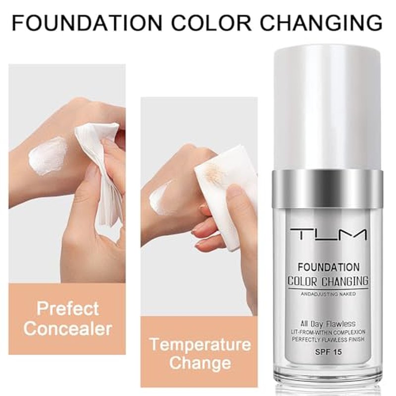 2 PACK TLM Color Changing Foundation Liquid Base,TLM Concealer Cover Cream,All Day Flawless Warm Skin Tone BB Cream Makeup Base Concealer for All Skin SPF15