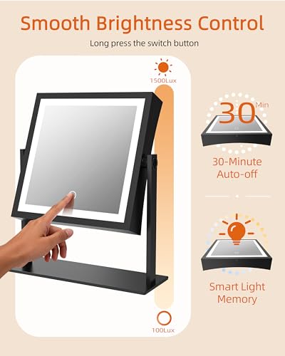 Ruacq Matte Black Dual Sided Lighted Makeup Mirror 1X/10X with Adjustable Brightness