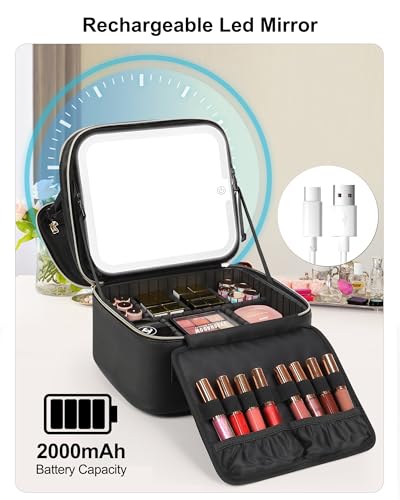 Small Travel Makeup Bag with LED Mirror - 2 Layers, Black (Variation 01-Black / 1-Small)