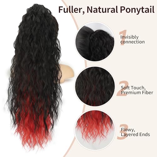 30-Inch Curly Ponytail Extension with Claw Clip - Natural Look, Black and Red