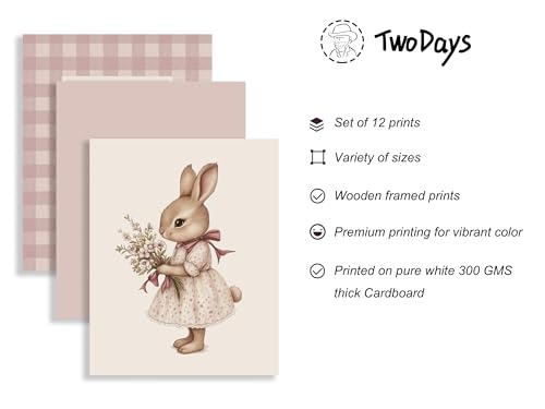 Framed Nursery Wall Art Set for Baby Girls - Pink Bunny, Swan, Animals, 12 Prints in Multi Sizes