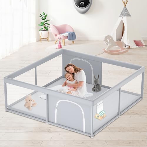 Extra Large Baby Playpen 79x79 Inches with Soft Breathable Mesh - Grey, Without Mat