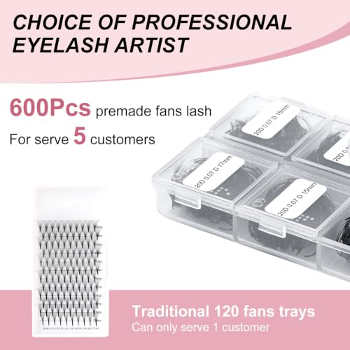 Premade Eyelash Extensions Fans 600pcs 20D D Curl 11-18mm Variation of LASH-600pcs-20D-D-11-18Mix