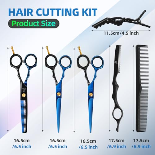 Professional Hair Cutting Scissors Set 3-Piece Black & Blue 6.5" Barber Shears