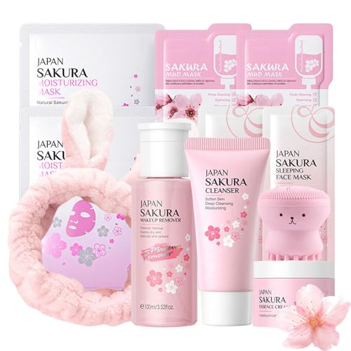 Skincare Set Sakura Skincare Gifts For Teen Girls, 11 Pack Skin Care Coreano Kit - Hair Tie, Mask, Makeup Remover, Cleanser, Cream, Brush, Mud Mask, Sleep Mask, Teen Face Care Kit Girls Beauty Set