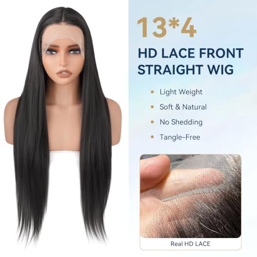 Natural Black Synthetic Lace Front Wig 13x4 30 Inch HD Transparent Pre-Plucked Hairline for Black Women - Looxey