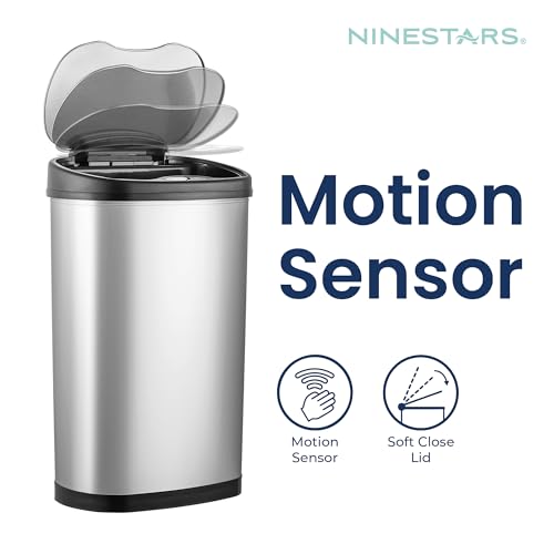 Ninestars 13 Gallon Oval Touchless Motion Sensor Trash Can - Silver & Black