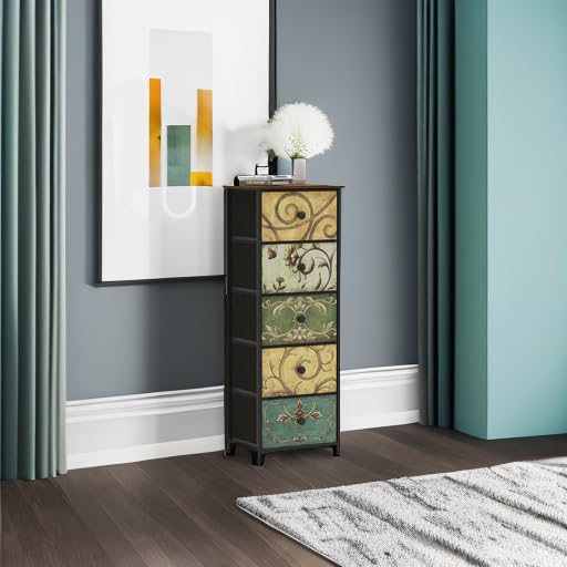 Small Dresser with Retro Flower Fabric Drawers – Multi, 5 Drawers, 11.8 x 16.5 x 45.5 Inches