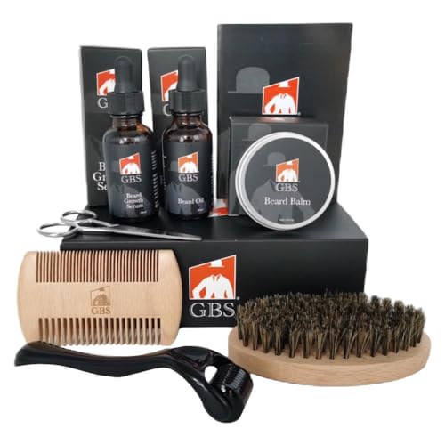 G.B.S Men's Beard Grooming Kit - Beard Oil, Growth Serum with Biotin, Balm, Brush and Comb Gift Set