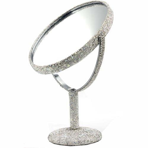 Bling Bling 6-Inch Double-Sided Tabletop Makeup Mirror, Oval Metal Makeup Mirror with 1:2 Magnifying Mirror, Rotating Mirror for Vanity (Silver)