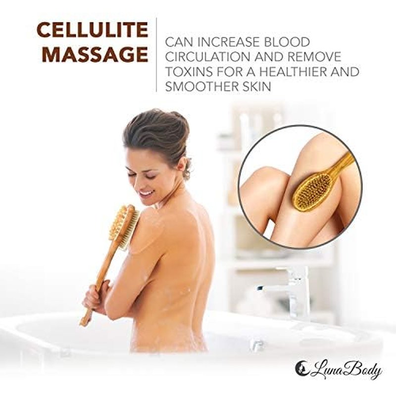 Bamboo Body Brush for Back Scrub - Natural Boar Bristle Shower Brush Scrubber with Long Handle - Exfoliate Skin and Cellulite - Wet or Dry