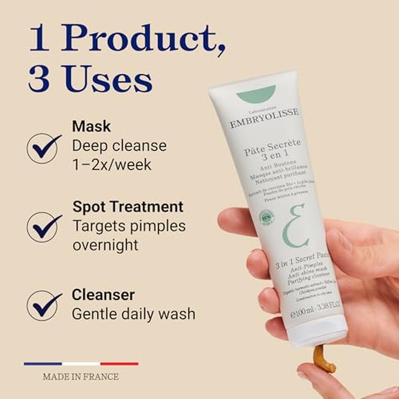 Embryolisse 3 in 1 Anti-pimples & Acne Treatment - Multipurpose Clay Mask to Control and Clear Breakouts - For Oily to Combination Skin, Paraben Free, Oil Free & Non-Comedogenic, 3.38 Fl Oz