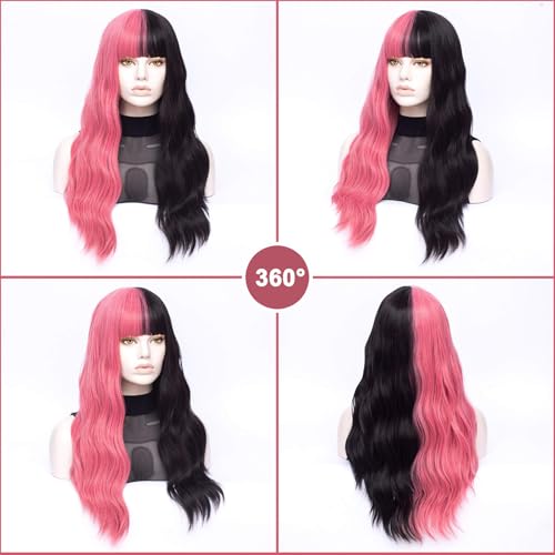 Morticia Pink and Black Wavy Half Wig with Bangs for Cosplay & Parties