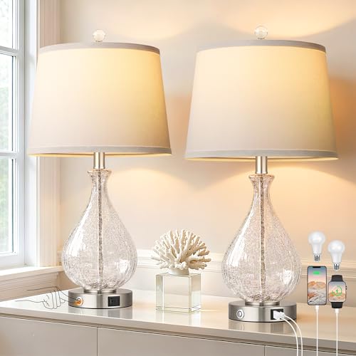 Set of 2 Bedside Lamps with Crackle Glass & Silver Finish - Touch Dimmable with USB Charging Ports