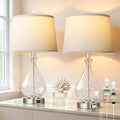 Set of 2 Bedside Lamps with Crackle Glass & Silver Finish - Touch Dimmable with USB Charging Ports