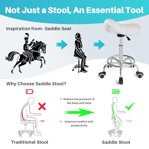 Ergonomic Saddle Stool with Wheels - White Saddle Chair, Adjustable Height