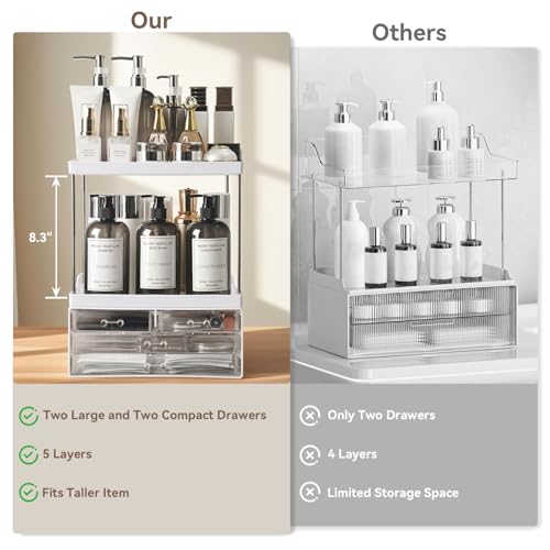 Bathroom Organizers and Storage, 5-Tier 4-Drawer Makeup Organizer Countertop, Multi-Purpose Large Makeup Vanity Organizer, Hair Product, Perfume & Skincare Storage, White