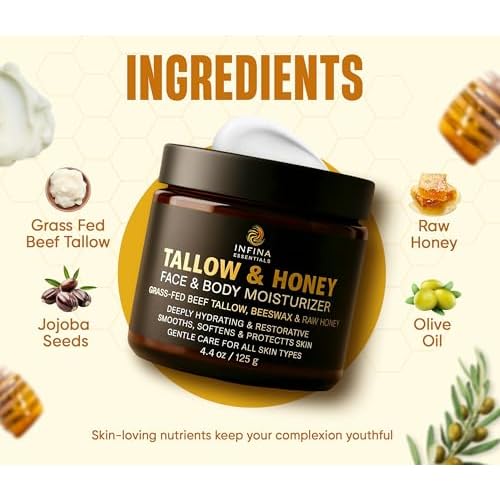 Beef Tallow for Skin with Raw Honey ? Grass Fed Beef Tallow Face & Body Moisturizer - Balm Style Hydrating Cream with Beeswax & Olive Oil for Dry Skin, Hands & Feet ? 4.4 oz