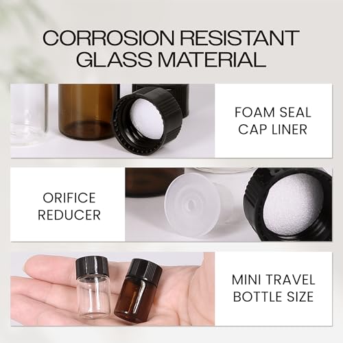Beauticom 2ML Amber Glass Vial Pack of 144 with Orifice Reducers - Travel & Aromatherapy Bottles