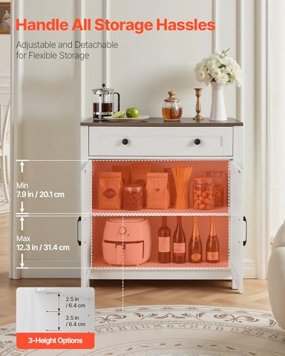 Farmhouse Buffet Cabinet with 2 Doors - White Sideboard with Adjustable Shelves and Drawer, 30" Coffee Bar Station