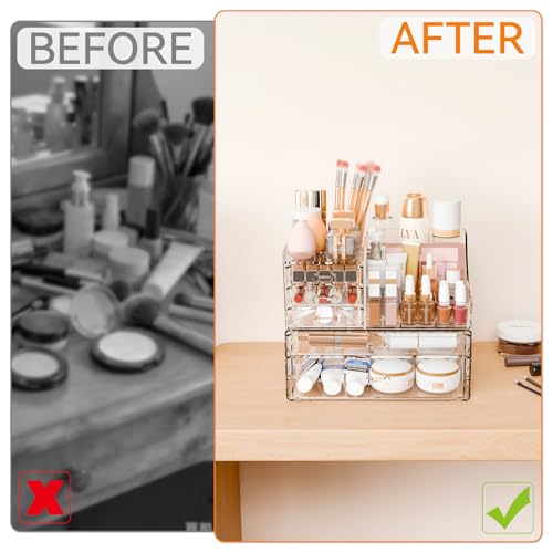 Yieach 2 Pack Clear Makeup Organizer Countertop for Dresser,Vanity and Bathroom Counter Organizer,Tiered Stackable Makeup Acrylic Organizers with 5 Drawer for Skincare,Brush and Make up Holders