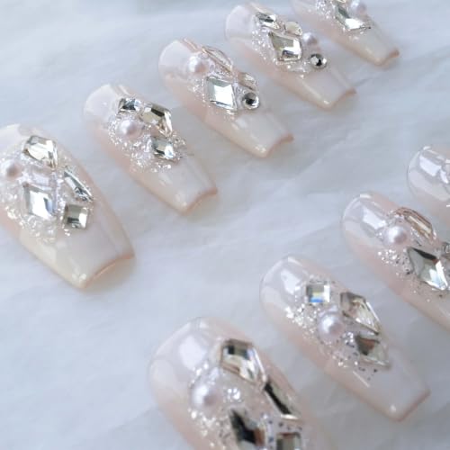 GLORS Splendid French Milky White Press-On Nails with Full Rhinestones, 10pcs (Small) – Light Luxury