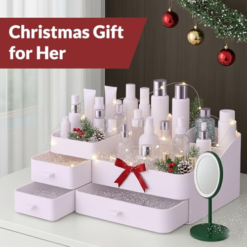 Makeup Organizer for Vanity ? Large Cosmetic Storage Box with Drawers & Compartments for Brushes, Lipsticks, and Skincare ? Bathroom Countertop Organizer for Women & Girls ? Elegant White Design