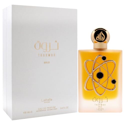 Lattafa Tharwah Gold Floral Unisex Eau de Parfum Spray 3.4oz – Sweet, Long-Lasting Fragrance