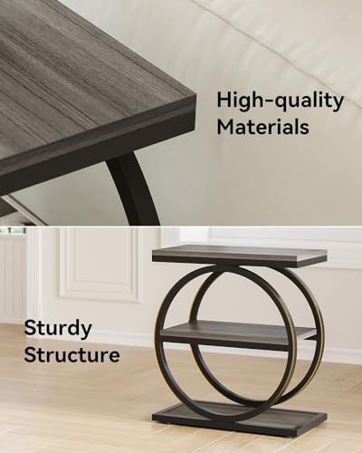LITTLE TREE 3-Tier End Table - Slim Nightstand for Living Room & Bedroom, Grey/Black Variation 1