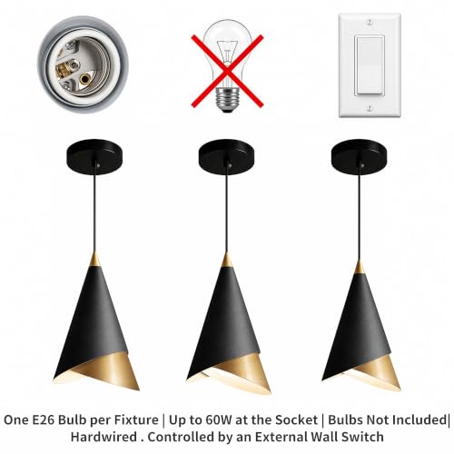MODIVO 3-Pack Black and Gold Pendant Lights for Kitchen Island - Modern Conical Design, E26 Socket, Indoor Dry Use