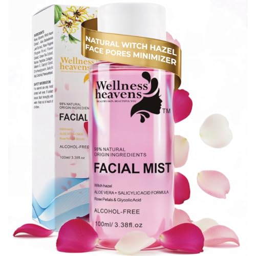 Witch Hazel Toner, Hydrating, Refreshing Face Mist, Rose Water with Salicylic, & Glycolic Acid, Zero Pore Cleanser, Removes Makeup, Dirt, Oil, Fades Dark Spots & Minimizes Pores, Alcohol-Free, 100 ml