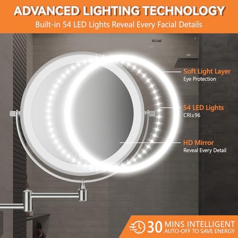 Auxmir 8'' Wall Mounted Lighted Makeup Mirror, 3200mAh Rechargeable Double-Sided 1X/20X Magnifying Mirror with Light, Touch Dimmable 3 Color Light, 360¡Æ Rotation Foldable Extended Arm, Chrome