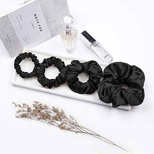 LilySilk 4-Piece Silk Hair Scrunchies Set - Black, 100% Mulberry Silk, Large & Skinny