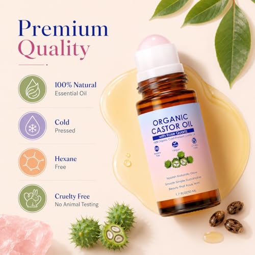 Organic Castor Oil Rose Quartz Roller Ball – 1.7 Fl Oz, Cold Pressed, Hexane-Free, Facial & Skin Care, Anti-Aging, Under Eye Puffiness, Variation 2