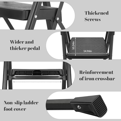 Heavy Duty Steel 4 Step Ladder with Foldable Handrail & Tool Tray - Black