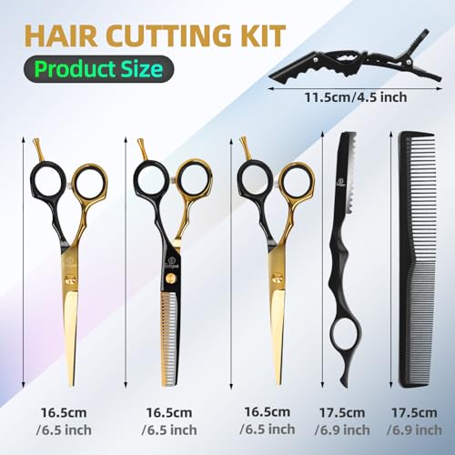 3-Piece Hair Cutting Scissors Set - Black & Gold 6.5" Barber Shears