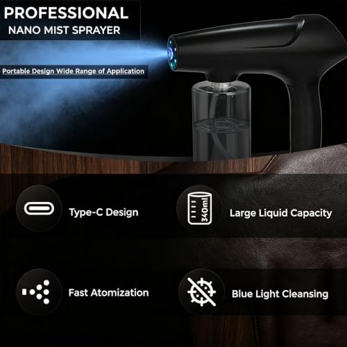 Black Barber Spray Bottle with Blue Light - Rechargeable Nano Mist Atomizer for Stylist & Home Use
