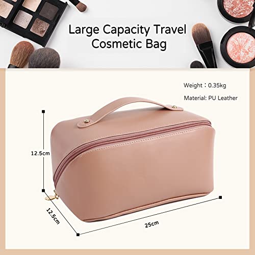 Large Capacity Travel Cosmetic Bag Make Up Bag with Handle and Zipper Multifunction Waterproof Toiletry Bag PU Travel Organiser Bag Wash Bag for Women Ladies Girls Pink A