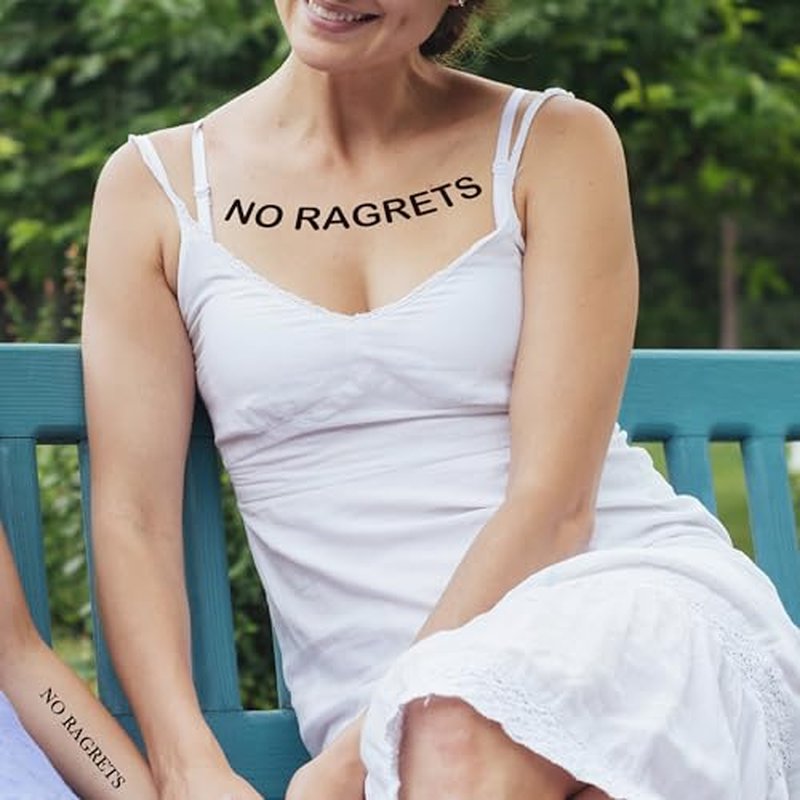6 Sheets No Ragrets Temporary Tattoos - Funny Phrase Tattoo Stickers for Face, Arm, Body, and Hand