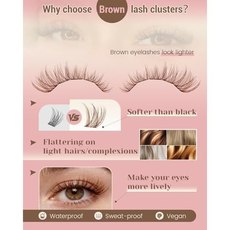 Lash Clusters Kit Brown Lash Clusters with White Clusters Glue and Clear Seal 8-16mm Wispy Cluster Eyelash Extension Kit D Curl 144pcs Brown Natural Lashes Cluster DIY Lash Extension Kit