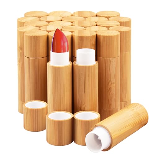 24Pcs Bamboo Refillable Lipstick Tubes 5.5g DIY Lip Balm Containers for Women & Girls