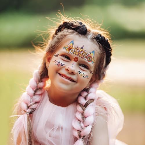 Partywind Face Temporary Tattoos for Girls, Waterproof Fake Tattoos for Kids Party Supplies Favors, Face Tattoos for Children Birthday Party Games, Special Party Goodie Bag Stuffers Fillers