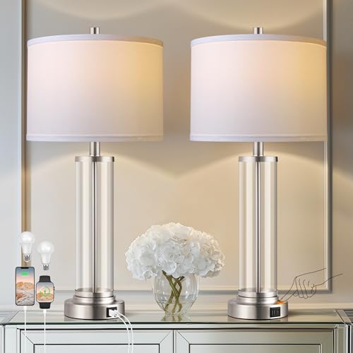Glass Table Lamps Set of 2 - Modern Silver Dimmable Bedside Lamps with USB Ports