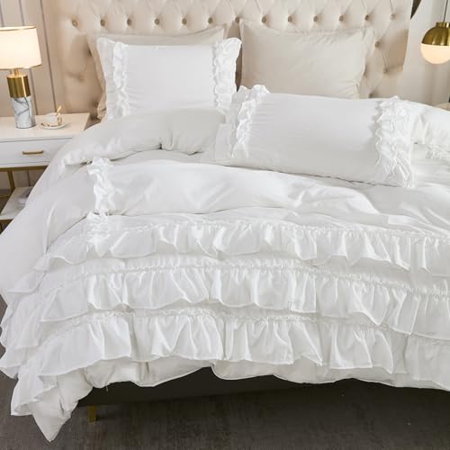 Herside White Queen Comforter Set with Ruffle Design - All Season 3-Piece Bedding